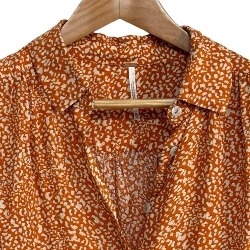 Free People Celia Printed Tie-front Blouse In Rust Combo SZ XS